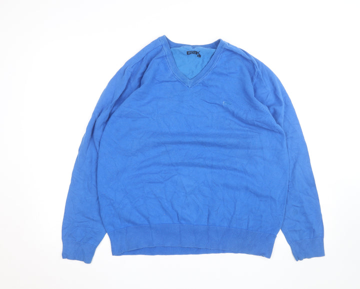 FCUK Men's Blue V-Neck Cotton Blend Jumper Size L