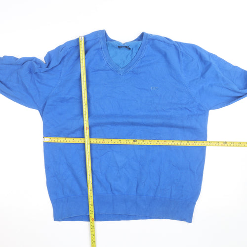 FCUK Men's Blue V-Neck Cotton Blend Jumper Size L
