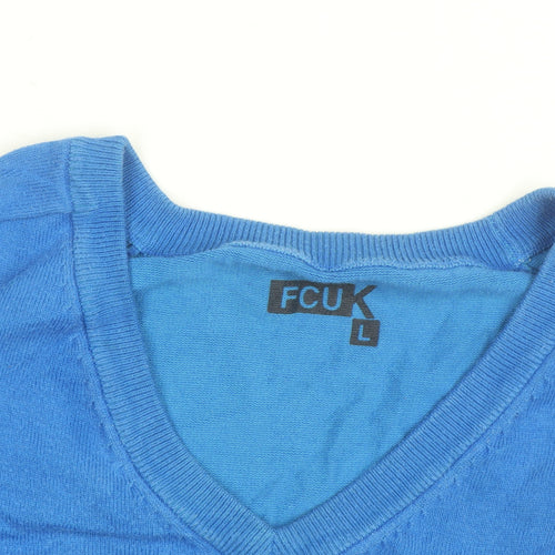 FCUK Men's Blue V-Neck Cotton Blend Jumper Size L