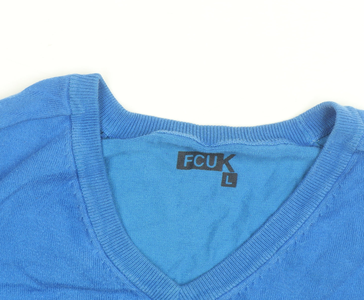 FCUK Men's Blue V-Neck Cotton Blend Jumper Size L