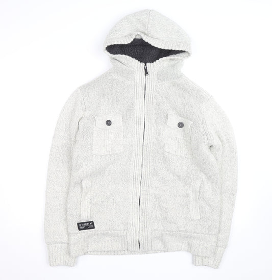 Dissident Mens Grey Hooded Full Zip Knit Jumper L