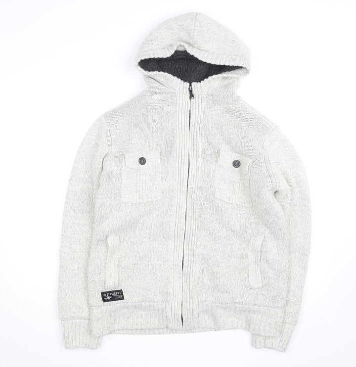 Dissident Mens Grey Hooded Full Zip Knit Jumper L