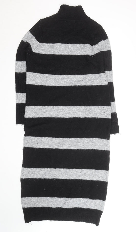 Next Women’s Black & Grey Roll Neck Stripe Wool Tunic Jumper M