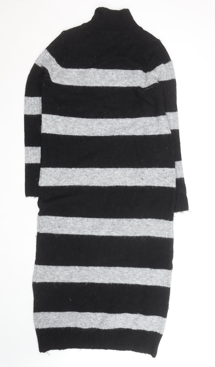 Next Women’s Black & Grey Roll Neck Stripe Wool Tunic Jumper M