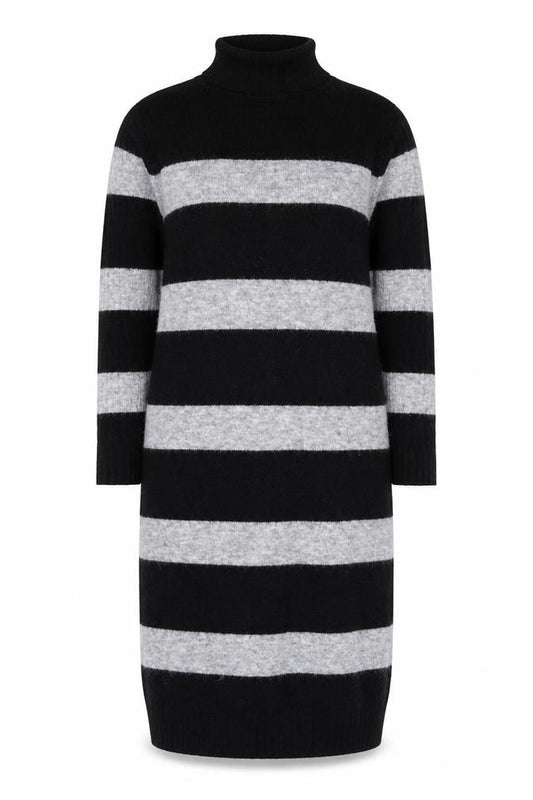 Front view of Next Women’s Black & Grey Roll Neck Stripe Wool Tunic Jumper M