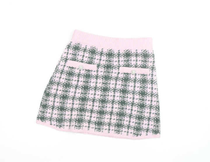 Zara Women Pink Check Knit A-Line Mini Skirt Size M