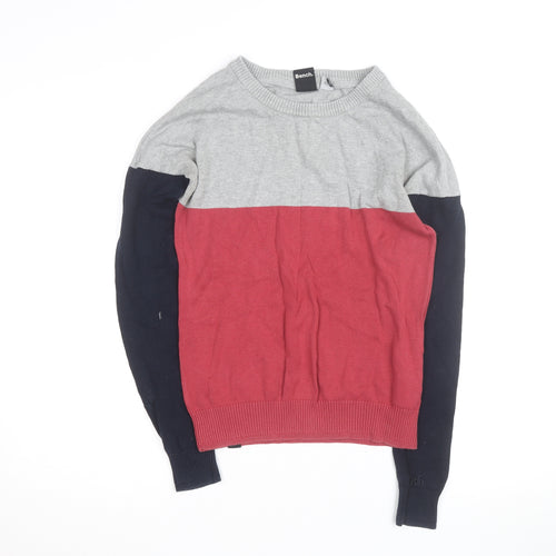 Bench Men's Grey Red Blue Colour Block Cotton Pullover Jumper XS