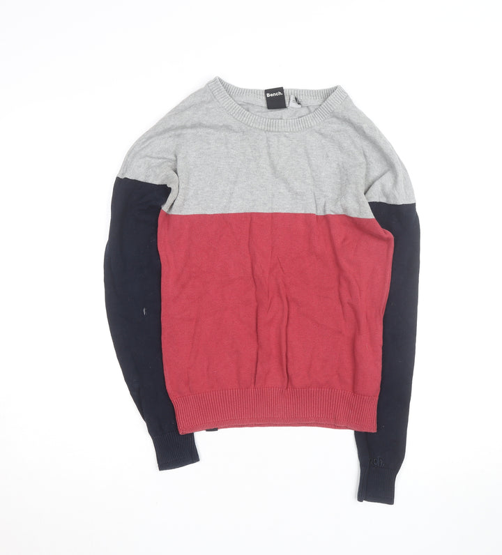Bench Men's Grey Red Blue Colour Block Cotton Pullover Jumper XS
