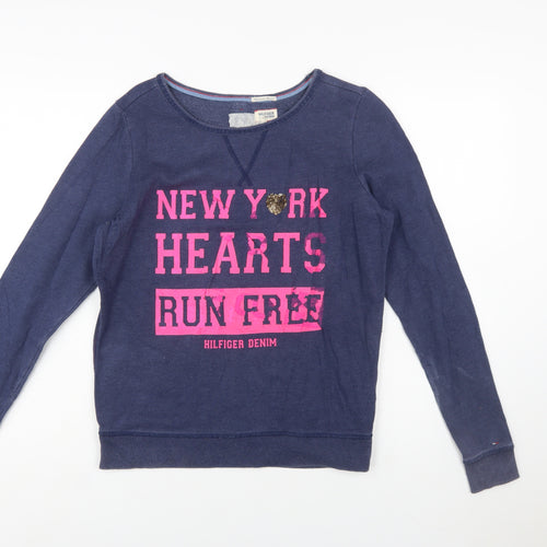 Hilfiger Denim Womens Navy Blue Pullover Sweatshirt M Sequin Heart