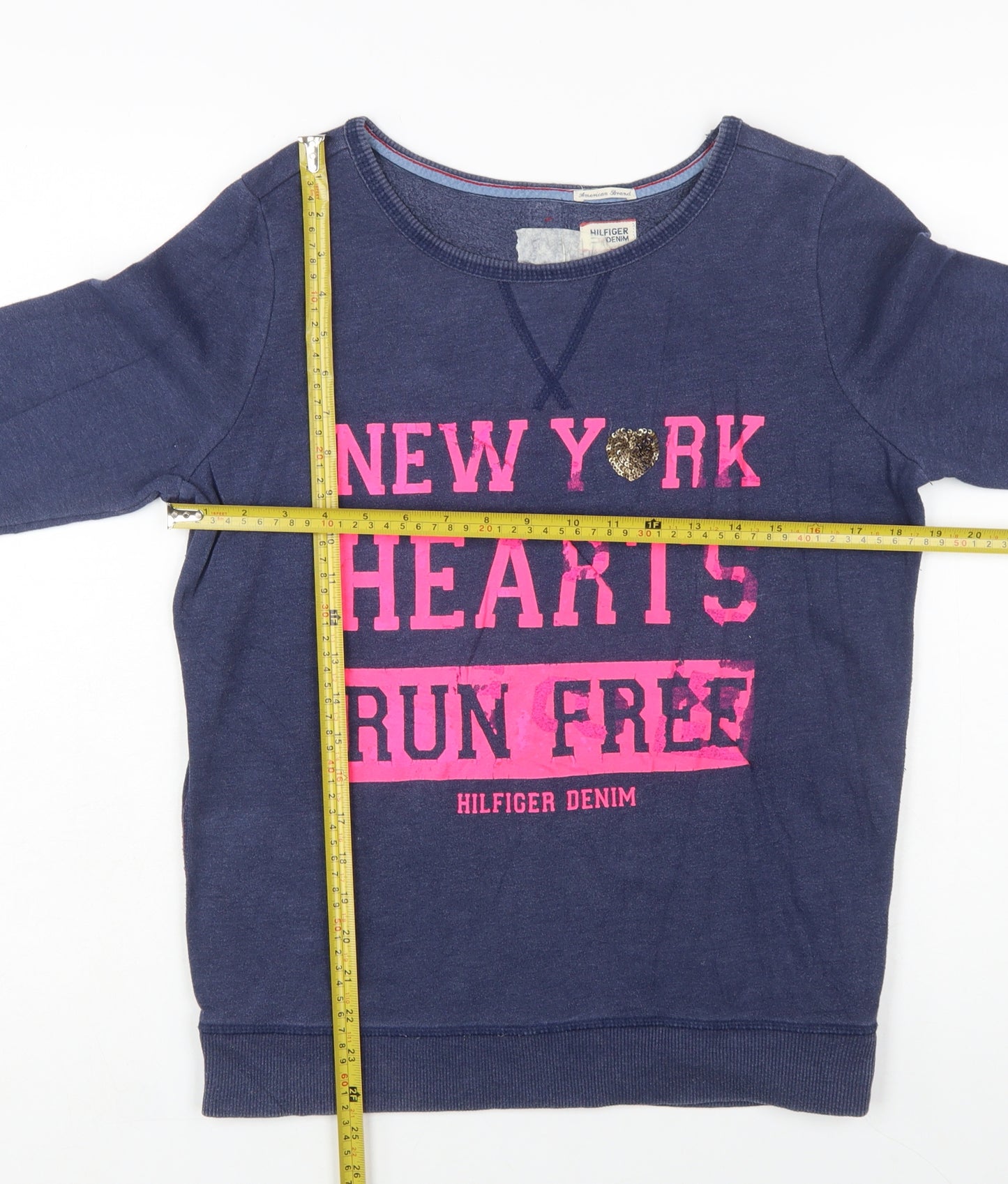 Hilfiger Denim Womens Navy Blue Pullover Sweatshirt M Sequin Heart