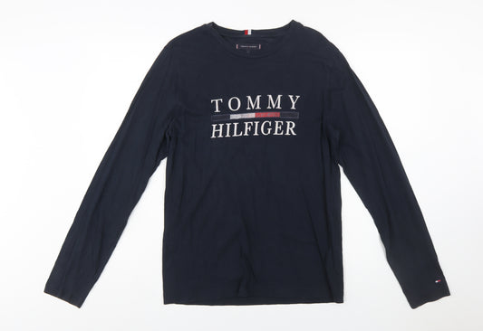 Tommy Hilfiger Men's Navy Blue Long Sleeve Logo Cotton T-Shirt Size S