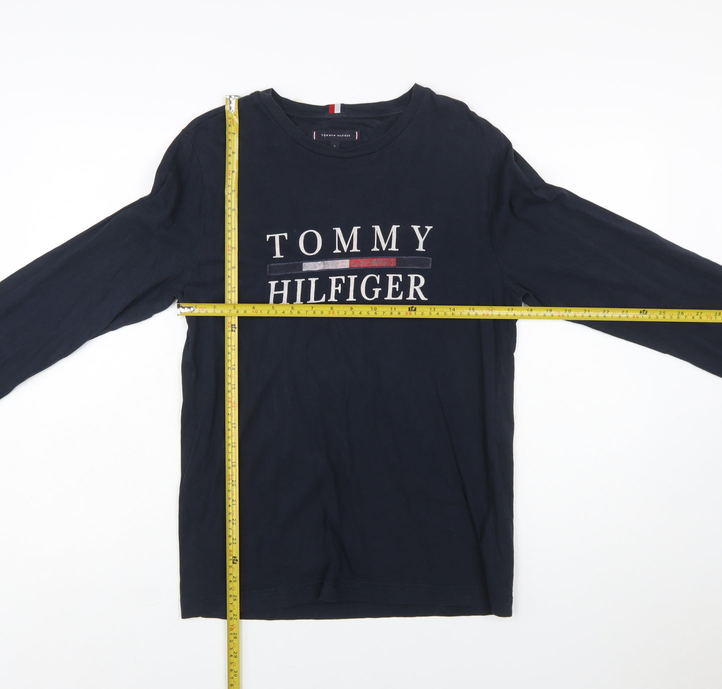 Tommy Hilfiger Men's Navy Blue Long Sleeve Logo Cotton T-Shirt Size S