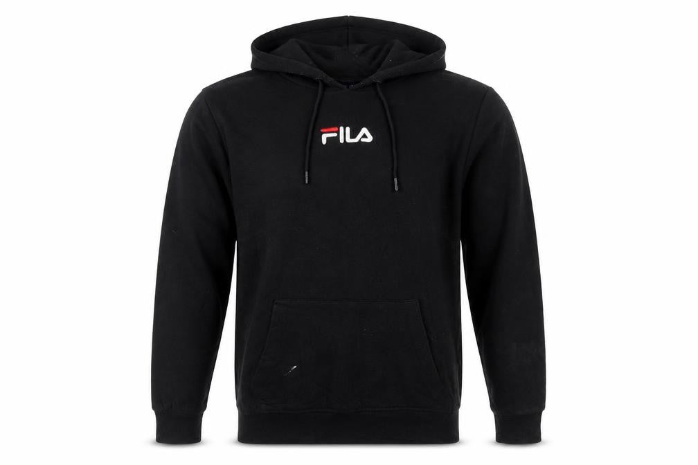 Front view of Fila Men's Black Pullover Hoodie M Logo Graphic Sweatshirt