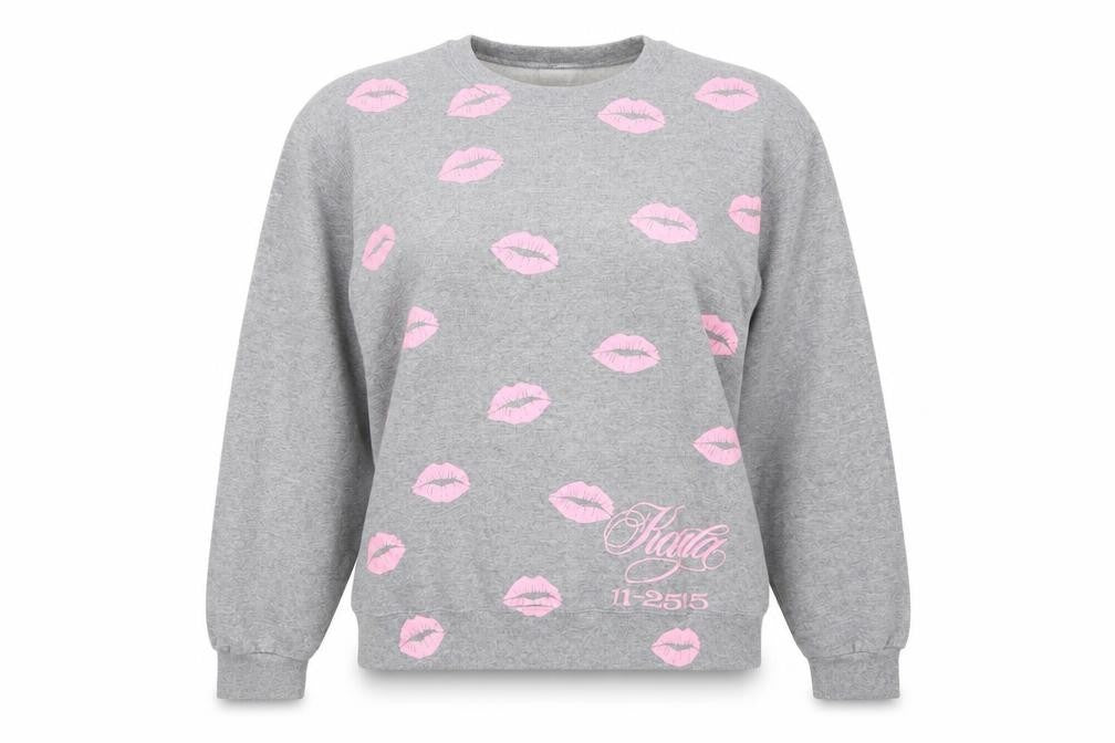 Front view of Jerzees women’s grey pink lips pullover sweatshirt, size M