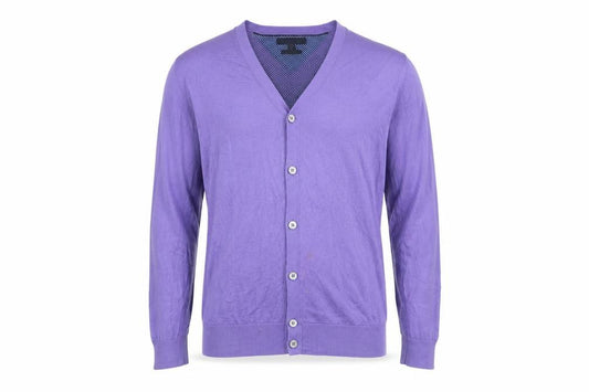Front view of Tommy Hilfiger Men’s Purple Cotton V-Neck Cardigan, size L