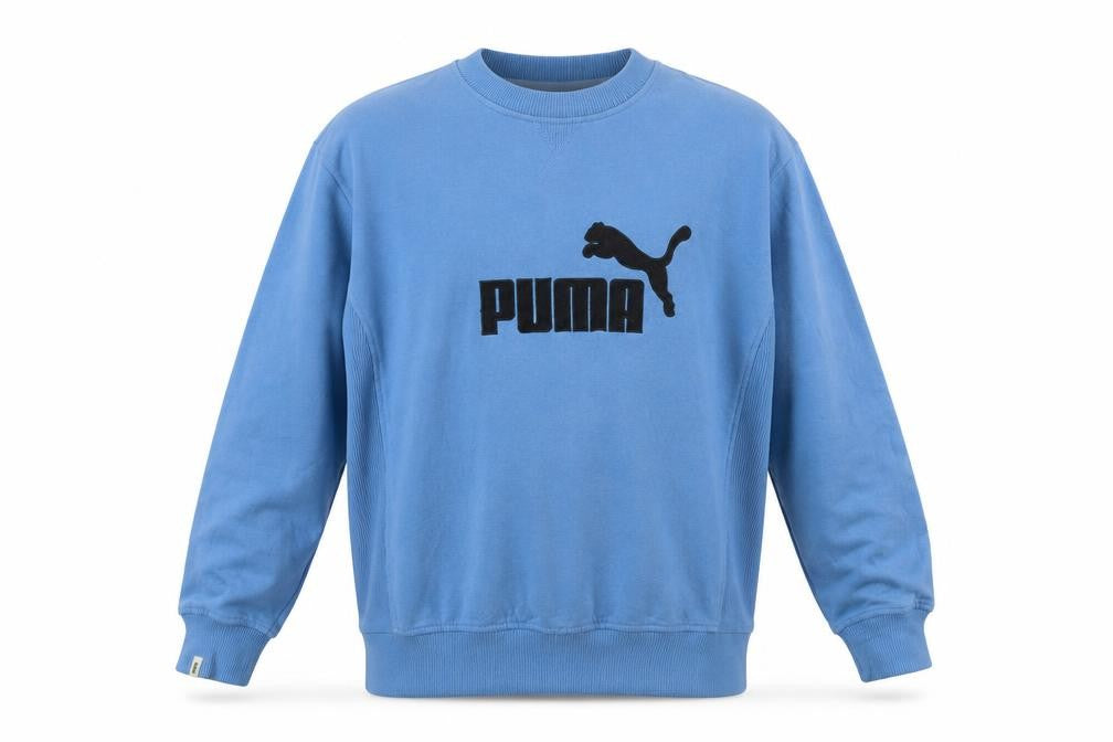 Front view of Puma Men's Blue Small Pullover Crew Neck Logo Sweatshirt