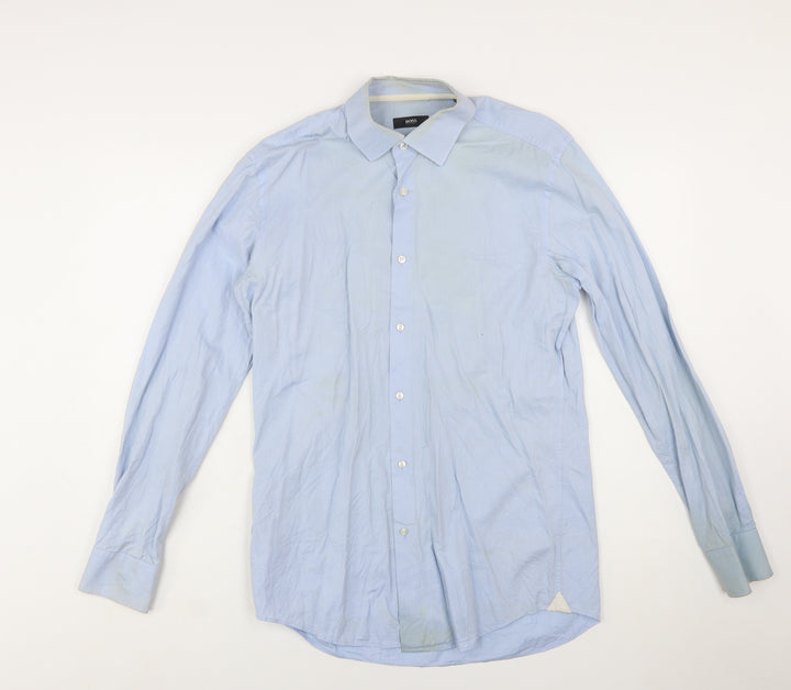 Hugo Boss Men’s Blue Slim Fit Cotton Long Sleeve Button-Up Shirt Size 15.7
