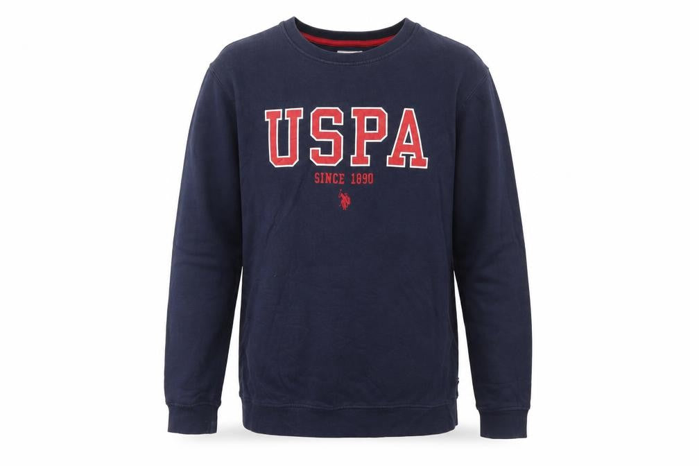 Front view of U.S. Polo Assn. boys’ blue crew neck pullover sweatshirt 14-15 years