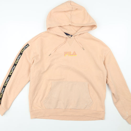 Fila Womens Beige Pullover Hoodie Medium Logo Sleeve Tape Sweatshirt