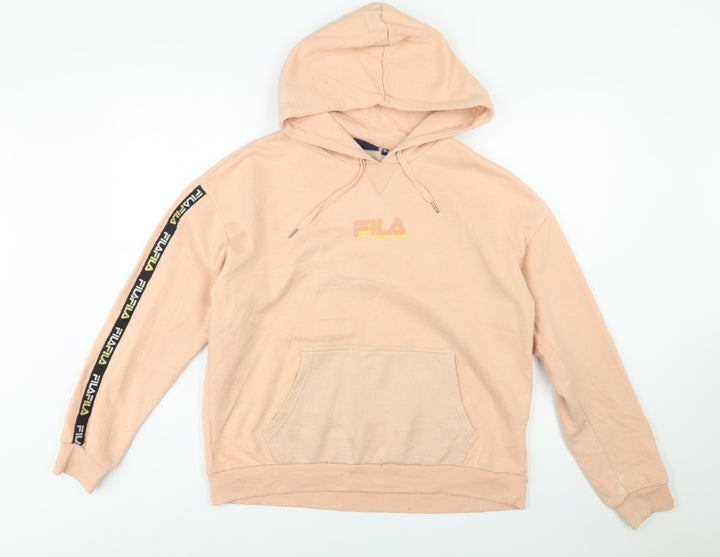 Fila Womens Beige Pullover Hoodie Medium Logo Sleeve Tape Sweatshirt