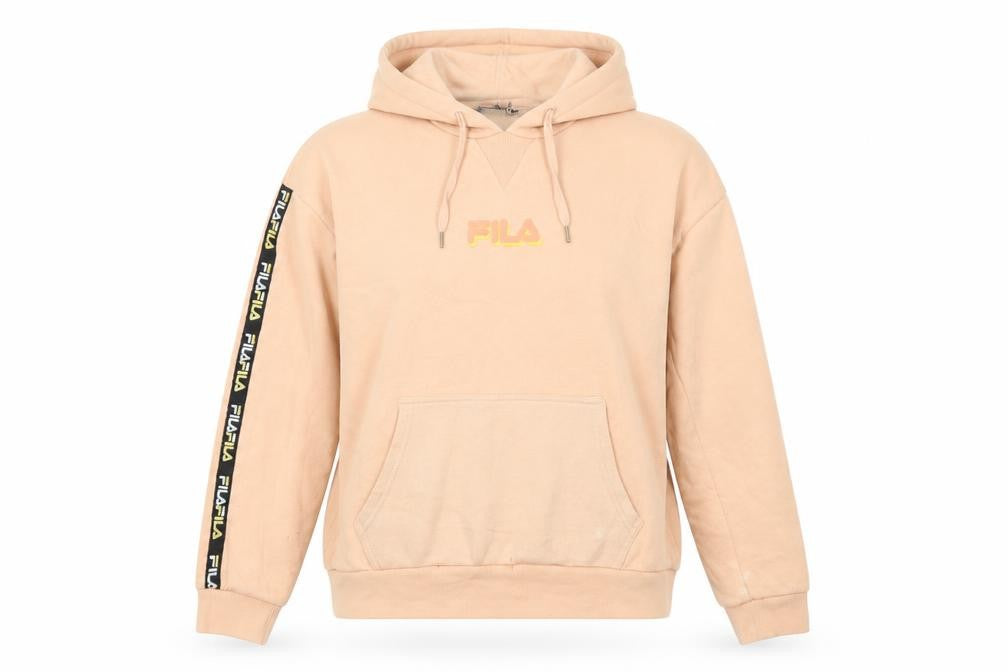 Front view of Fila women’s beige pullover hoodie medium logo sleeve tape sweatshirt