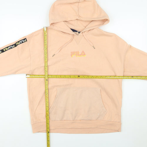 Fila Womens Beige Pullover Hoodie Medium Logo Sleeve Tape Sweatshirt