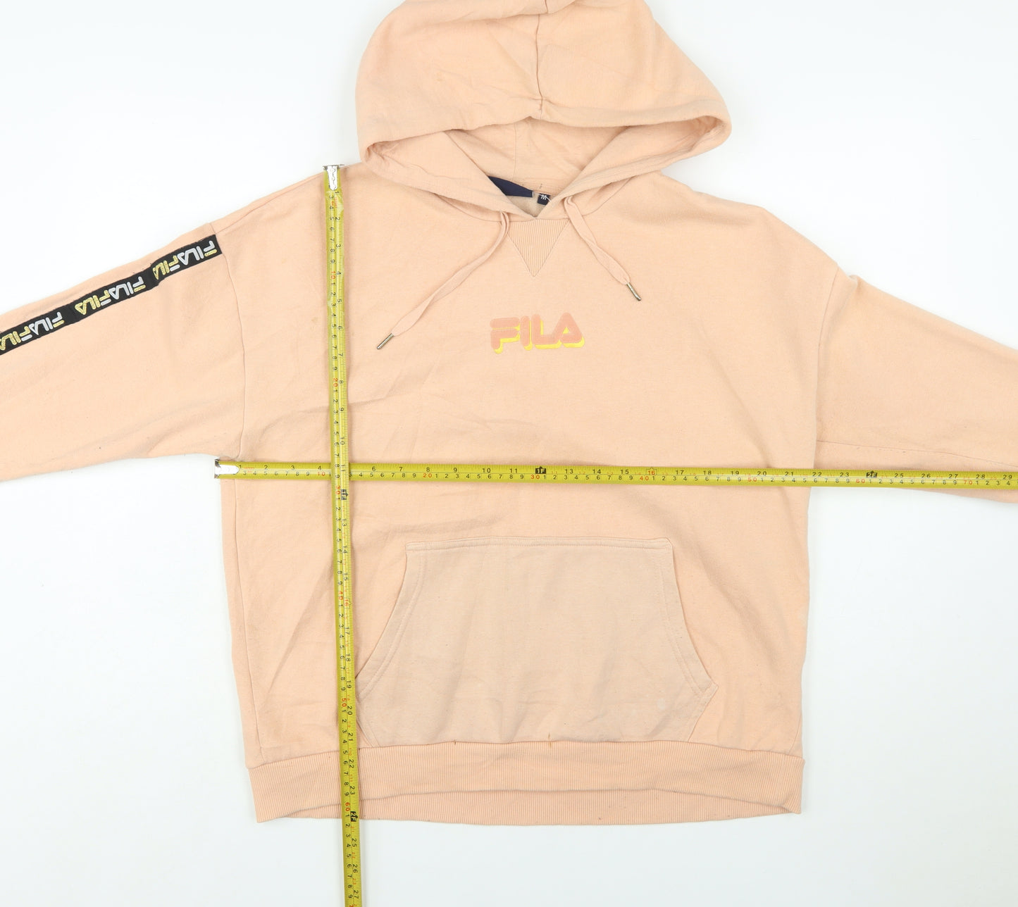 Fila Womens Beige Pullover Hoodie Medium Logo Sleeve Tape Sweatshirt
