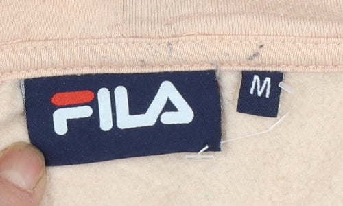 Fila Womens Beige Pullover Hoodie Medium Logo Sleeve Tape Sweatshirt