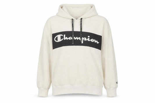Front view of Champion Women's Beige Pullover Hoodie Large Fleece Logo Sweatshirt