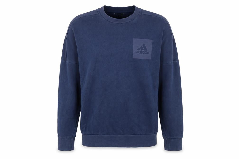 Front view of Adidas Men's Blue Crew Neck Pullover Sweatshirt, size S