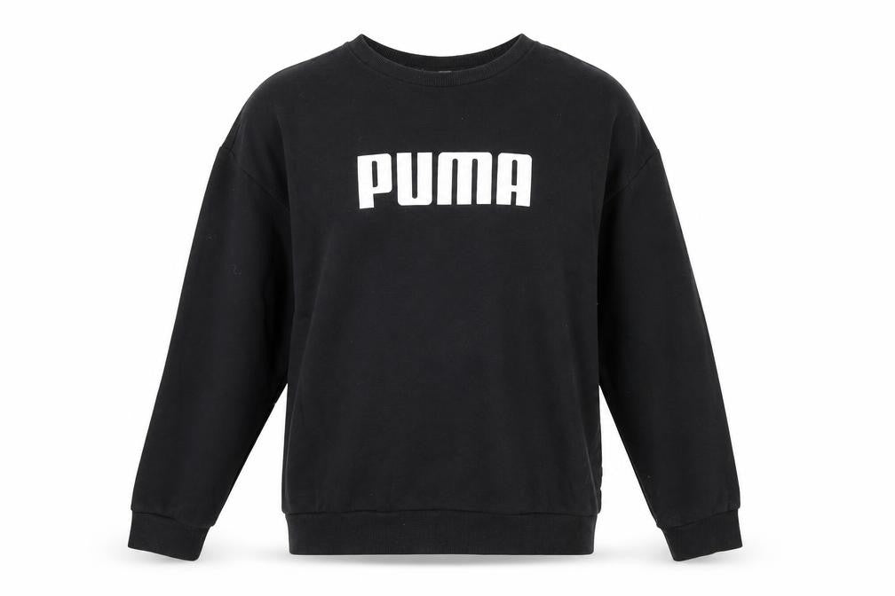 Front view of Puma women’s black crew neck pullover sweatshirt, size UK 14