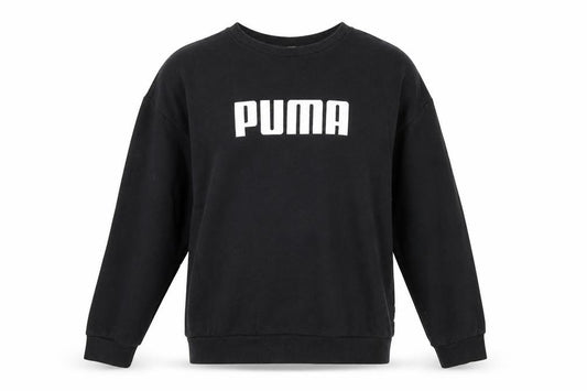 Front view of Puma women’s black crew neck pullover sweatshirt, size UK 14