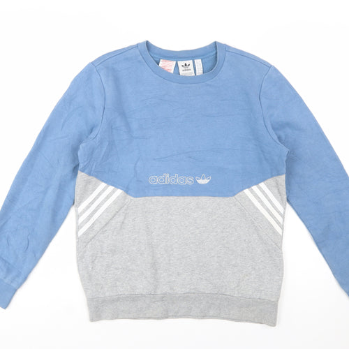 Adidas Boys Blue Grey Colourblock Crew Neck Sweatshirt Size 13-14 Years