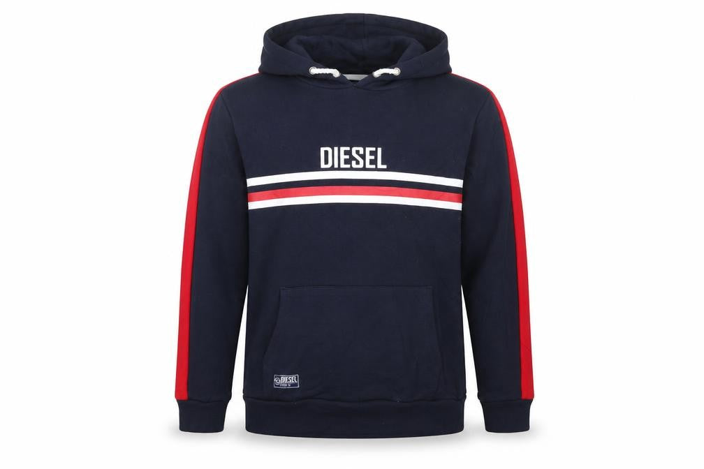 Front view of Diesel boys’ navy blue pullover hoodie age 15 cotton blend casual