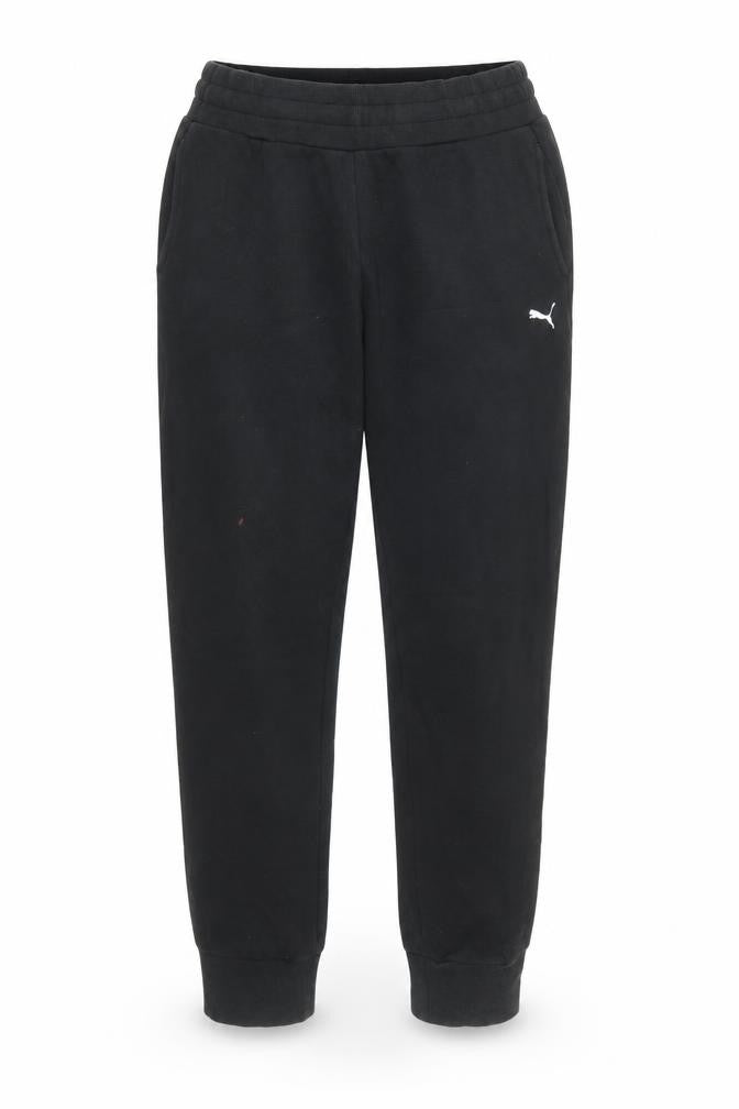 Front view of Puma women’s black jogger sweatpants, size UK 8, regular fit fleece
