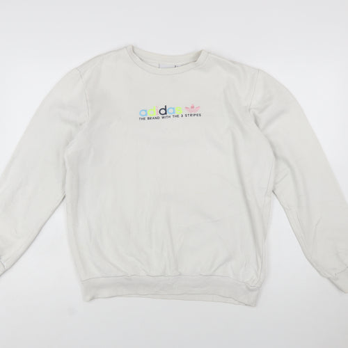 Adidas Women White Crew Neck Pullover Sweatshirt Size S Logo Print