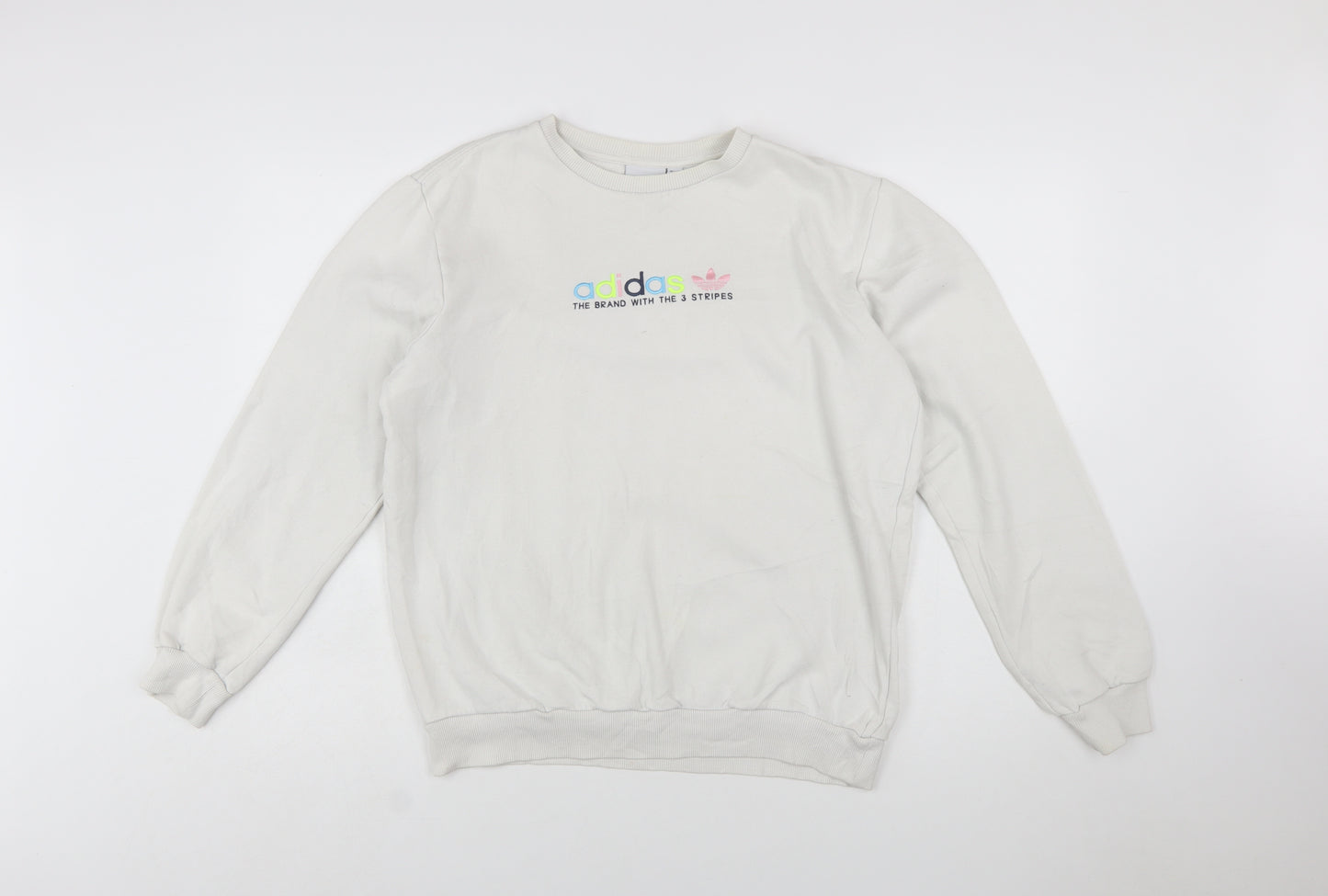 Adidas Women White Crew Neck Pullover Sweatshirt Size S Logo Print