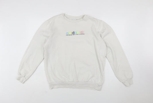 Adidas Women White Crew Neck Pullover Sweatshirt Size S Logo Print
