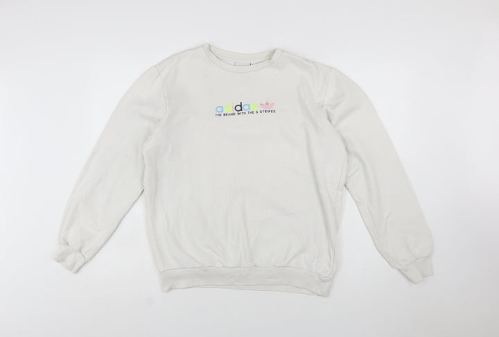 Adidas Women White Crew Neck Pullover Sweatshirt Size S Logo Print