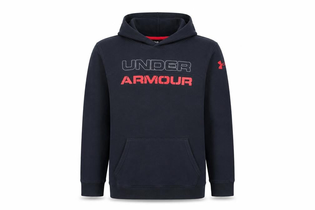 Front view of Under Armour boys’ black pullover hoodie yxl loose fit coldgear