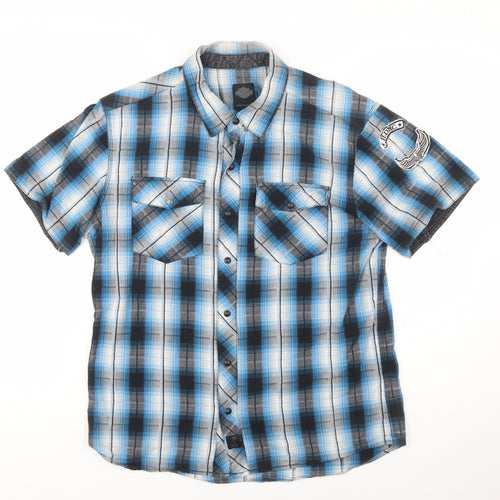 Harley-Davidson Men's Blue Plaid Cotton Short Sleeve Button-Up Shirt L