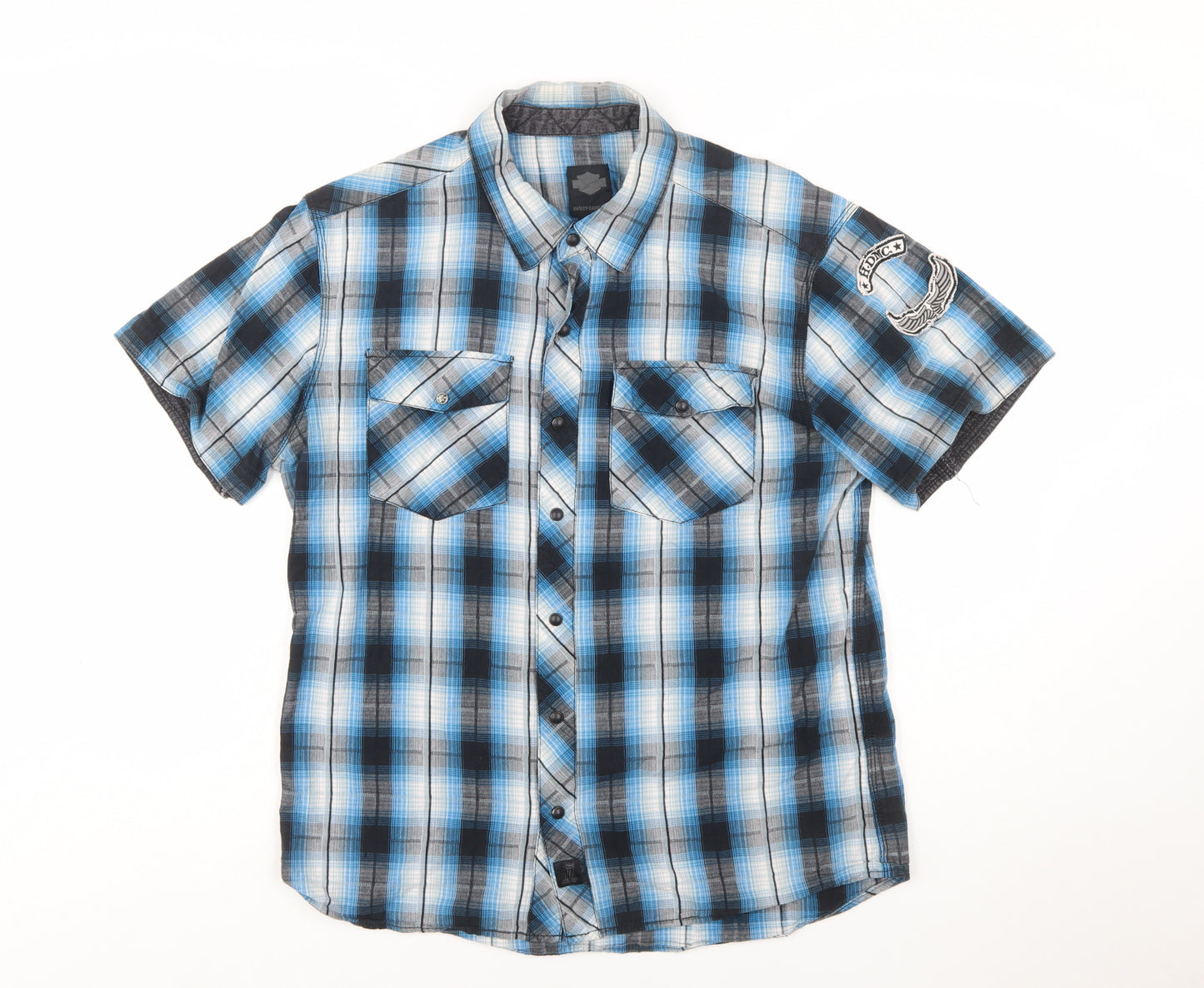 Harley-Davidson Men's Blue Plaid Cotton Short Sleeve Button-Up Shirt L