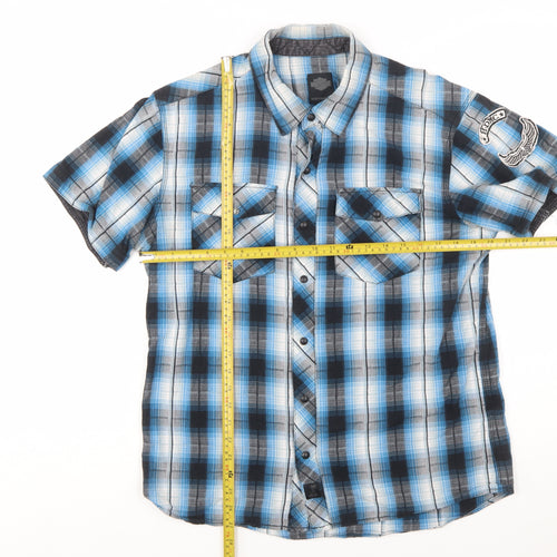 Harley-Davidson Men's Blue Plaid Cotton Short Sleeve Button-Up Shirt L