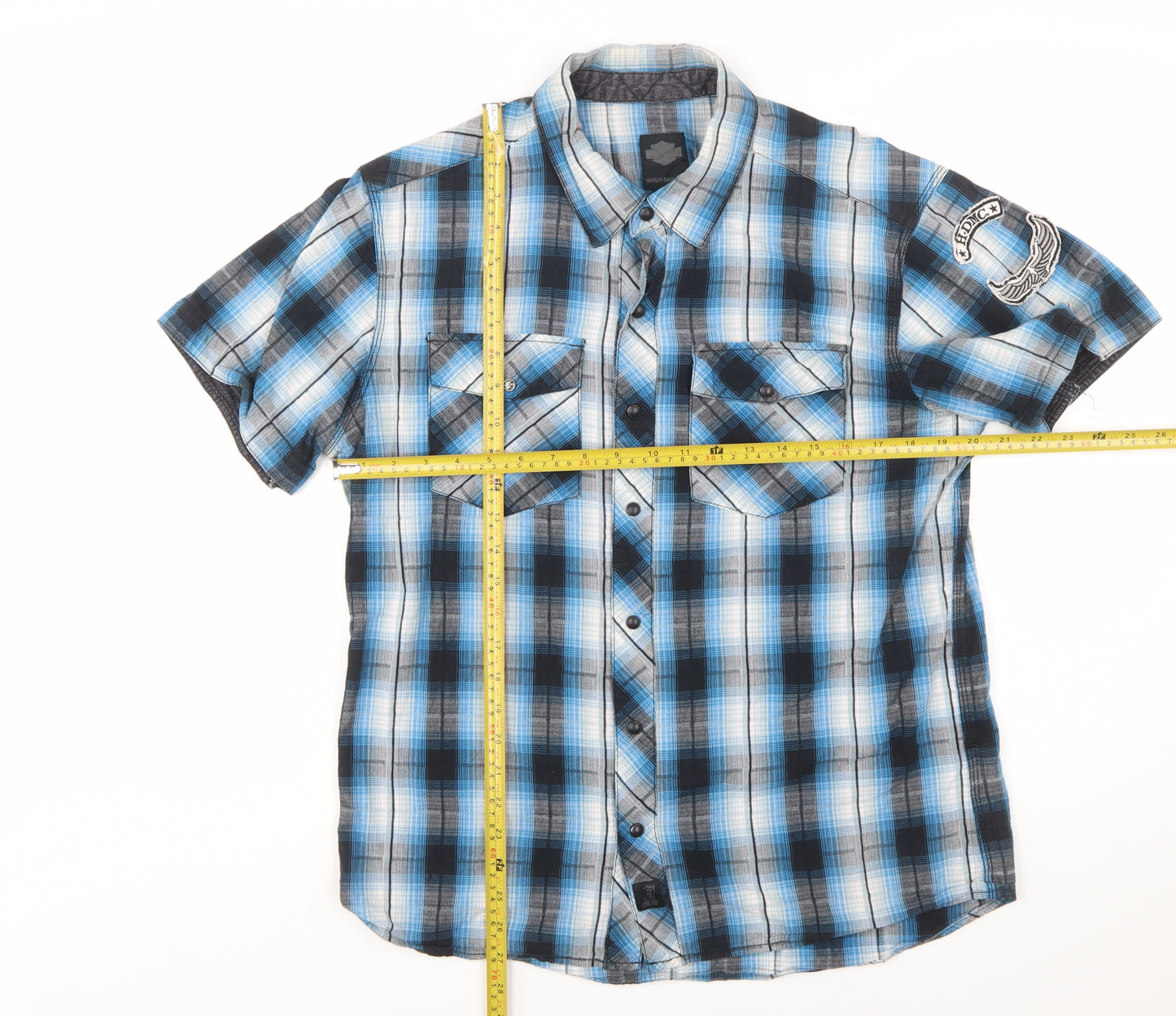 Harley-Davidson Men's Blue Plaid Cotton Short Sleeve Button-Up Shirt L