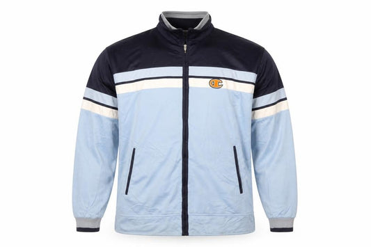 Front view of Champion Men's Blue Full Zip Retro Sports Sweatshirt, size S