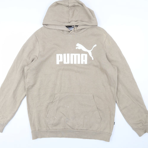 Puma Men's Beige Pullover Hoodie Medium Logo Fleece Sweatshirt