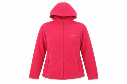 Front view of Columbia women’s pink fleece hooded full zip jacket, size L
