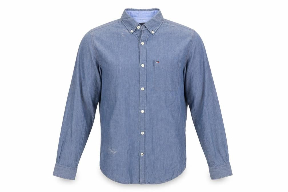 Front view of Tommy Hilfiger Men's Blue Button-Down Chambray Shirt, size S, Slim Fit