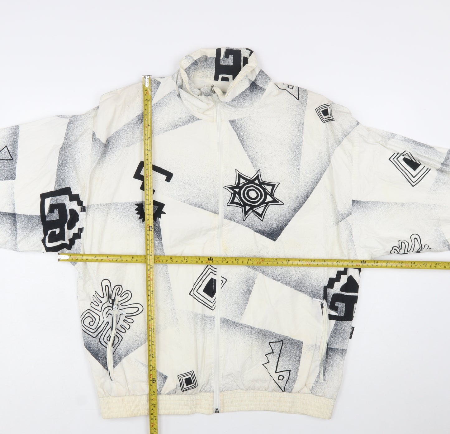 ATHLET Men’s White Geometric 80s Bomber Jacket Size 40 Retro Full Zip