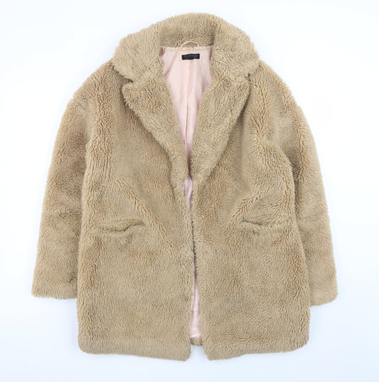 Topshop Women’s Beige Faux Fur Mid-Length Coat Size 8